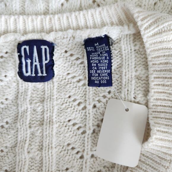 Vintage 90s GAP White Cable Knit Ramie Cotton V-Neck Sweater Pullover M - Picture 8 of 9